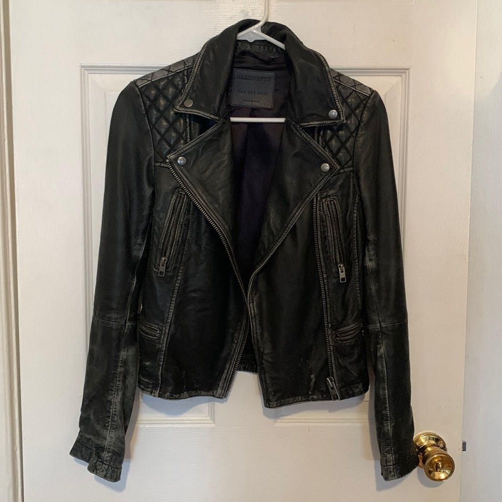 All Saints Cargo Leather Biker Jacket Black/Grey Size: 2